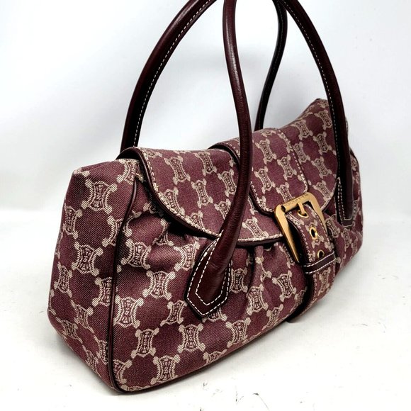 VTG Celine Triomphe Burgundy Canvas Leather Large Shoulder Tote Hand Bag Auth - Picture 2 of 12